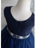 Navy Blue Satin Tulle Beaded Sash Knee Length Flower Girl Dress 